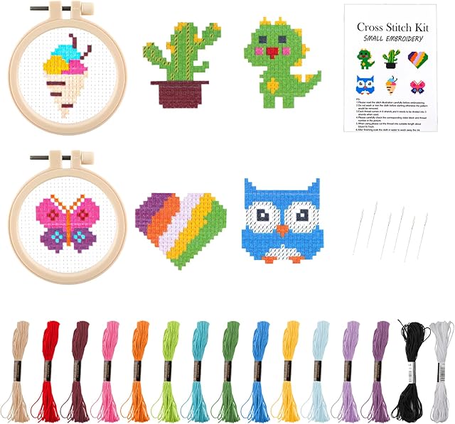 funvce Cross Stitch Kit for Beginner, Kids Pre-Printed Embroidery Kit Including 6 Patterned Embroidery Cloth,Thread,Hoops,Needle and Instructions, Animal and Plant DIY Sewing Set for Hand DIY Craft