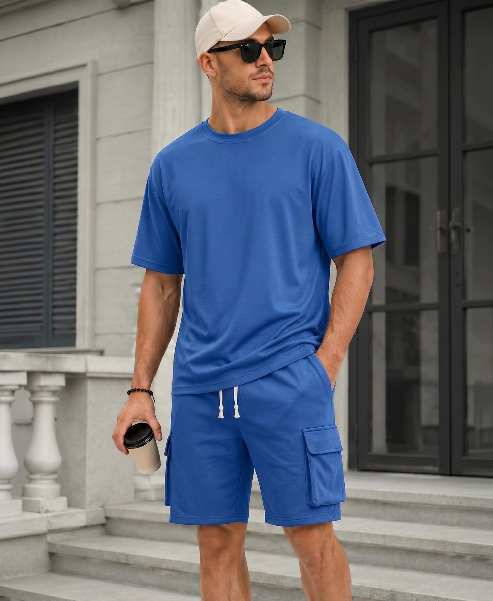 Husmeu Trainingsanzug Herren 2-teilig Sommer Streatwear Freizeitanzug – Einfarbig Kurzarm Rundhals T-Shirt + Shorts mit Kordelzug Jogginganzug Herren Set Casual Kurzarm Und Cargoshorts Zweiteiler