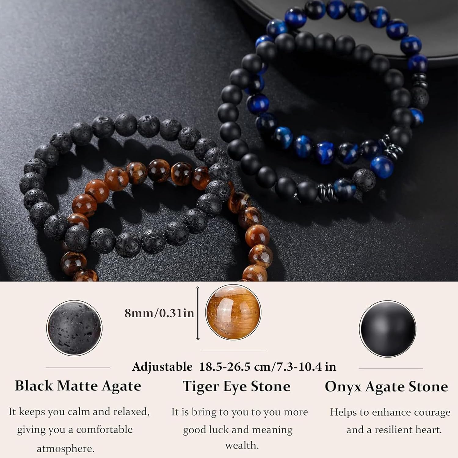MOROTOLE Mens Beaded Bracelet Tiger Eye 8MM Natural Stone Beads Bracelet Set Adjustable Stretch Lava Rock Bracelets for Men Black Crystal Beaded Bracelets for Men Father Boyfriend Brother Gifts - Image 5