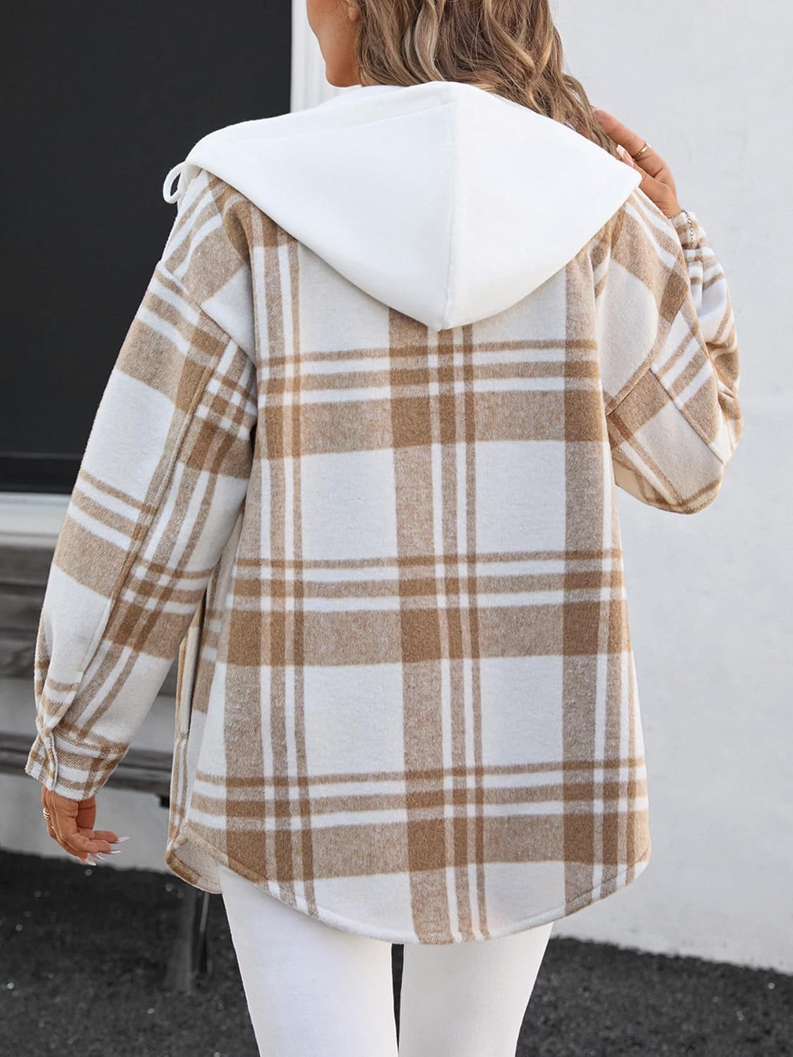 Merryfun Womens 2025 Flannel Plaid Shacket Jacket Sherpa Fleece Lined Oversized Button Up Hooded Warm Coats with Pockets - Image 6