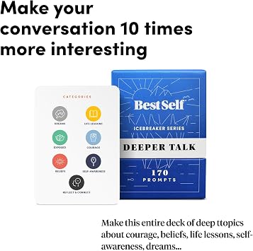 BestSelf Deeper Talk Deck 170 Conversation Starter Cards, 6 Categories | Real talks for friends, family, coworkers & dates. The ultimate icebreaker game.