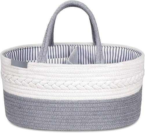 Cotton Rope Diaper Caddy Storage Basket | 100% Cotton, Striped Interior Lining