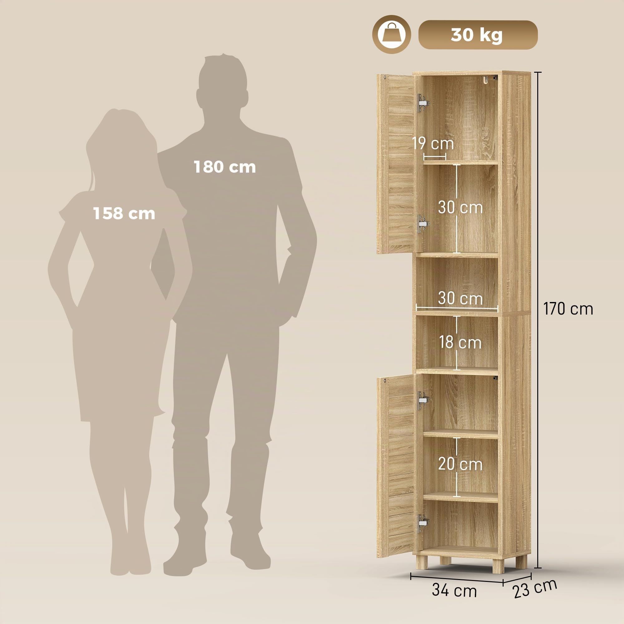HOMCOM Armario de Baño Alto para Espacios Pequeños 34x23x170 cm Natural | Mueble Auxiliar de Baño Estrecho, Estantes Ajustables, Puertas de Lamas Apertura por Presión, Estantes Abiertos