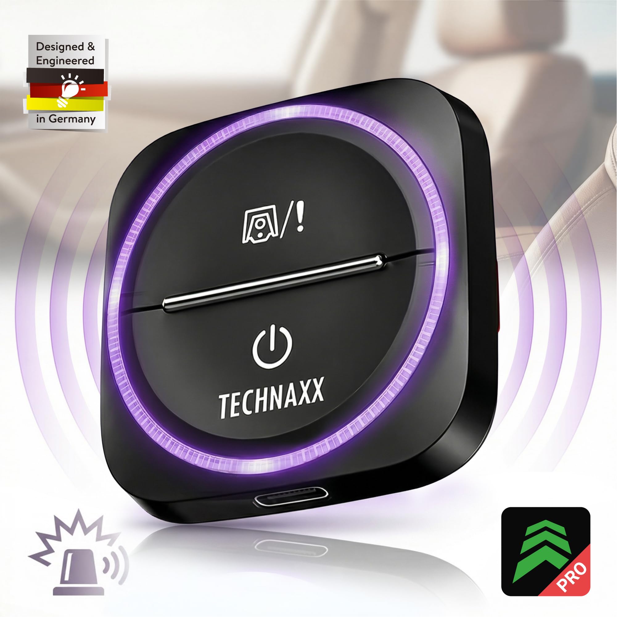 Technaxx Secure Drive Mini, dispositivo di avviso traffico con integrazione Blitzer.de – avvisi di pericoli stradali e velocità, notifiche LED, USB-C, compatibile con CarPlay e Android Auto – TX-387