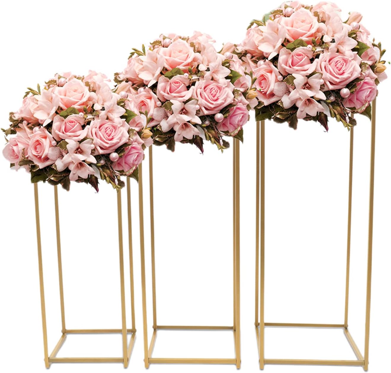 3 Pcs Metal Flower Floor Vase Column Flower Stand Geometric Centerpieces Vase for Tables, Gold Flower Holder for Home Party Wedding Decorations, Rectangular Flower Display Rack/2200