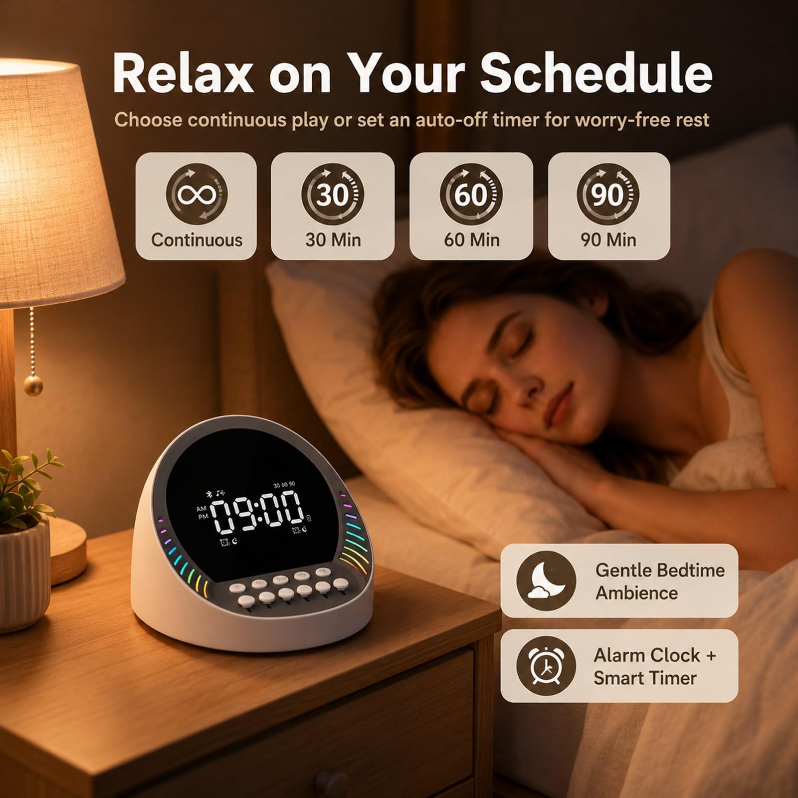 Máquina De Sonido Inteligente De Ruido Blanco Con Altavoz Inalámbrico Bluetooth, Luz Nocturna Ambiental De Colores Dinámicos Y Reloj Despertador Digital; Sonidos Relajantes De La Naturaleza(Negro)