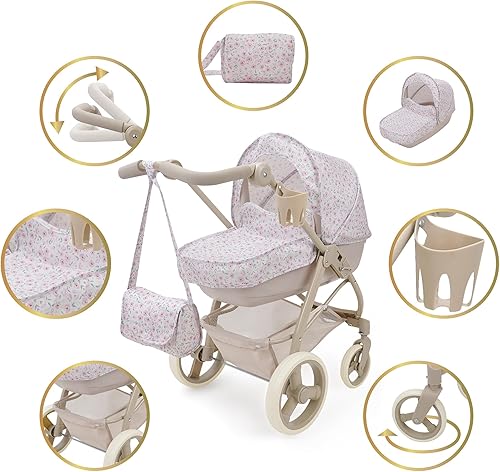 Miniatura 4 de 509 Crew Little Flora - Bella - Cochecito de muñeca 2 en 1 - Flor bronceado-rosa, cochecito de juguete convertible, cuna extraíble, mango ajustable,