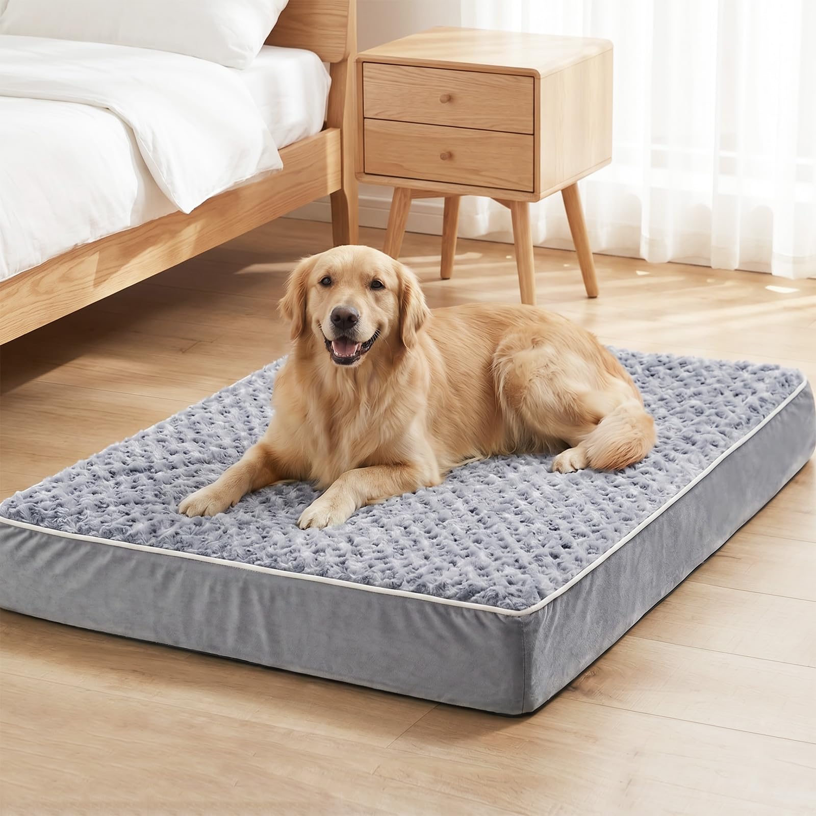 WNPETHOME Cama ortopédica para perros, cama para mascotas para perros grandes, espuma de caja de huevos, felpa rosa suave, funda extraíble impermeable