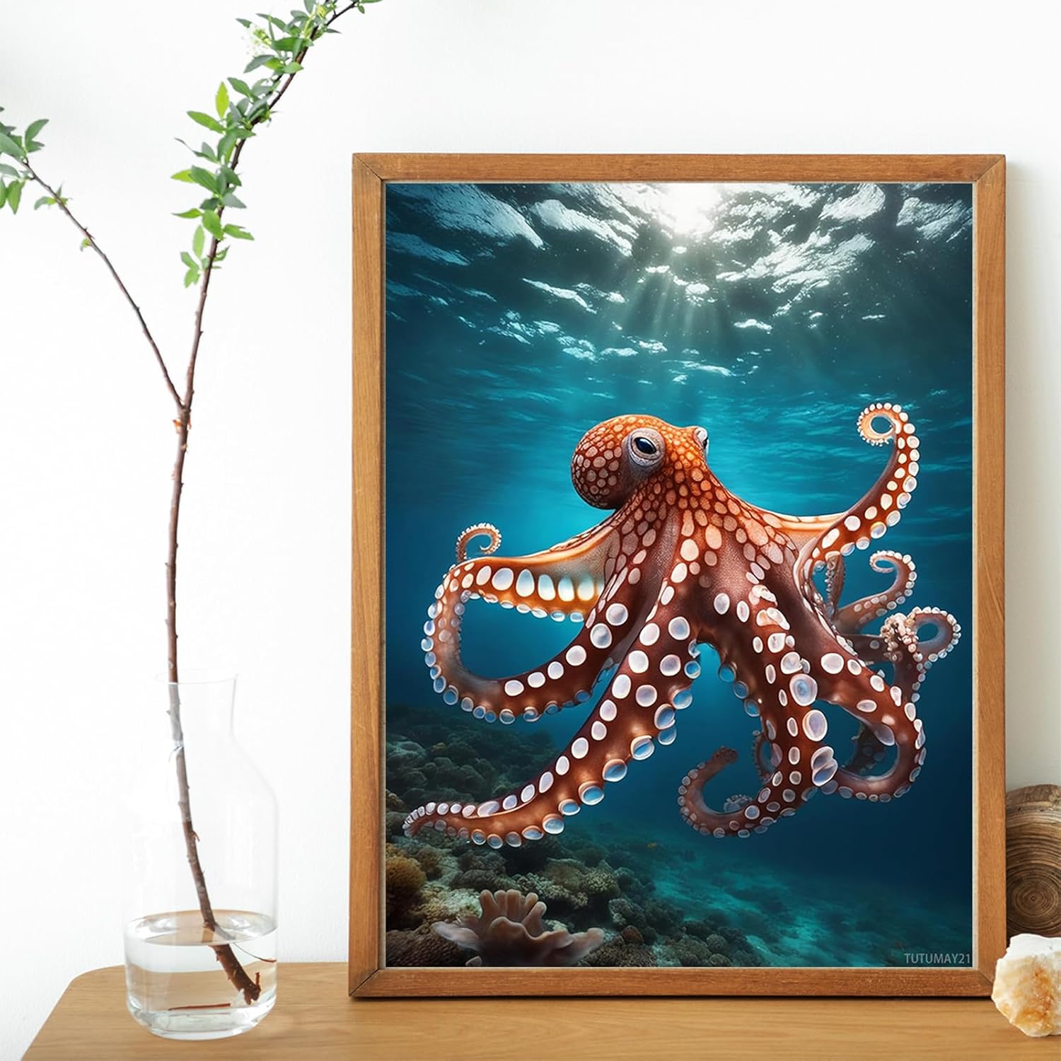 TUTUMAY21 Diamond Painting Kits for Adults, 5D Full Round Diamond Undersea Creatures Diamond Art Kit, Swimming Octopus Dots Diamond Painting for Beginners, DIY Beads for Home Wall Decor 12x16 inch