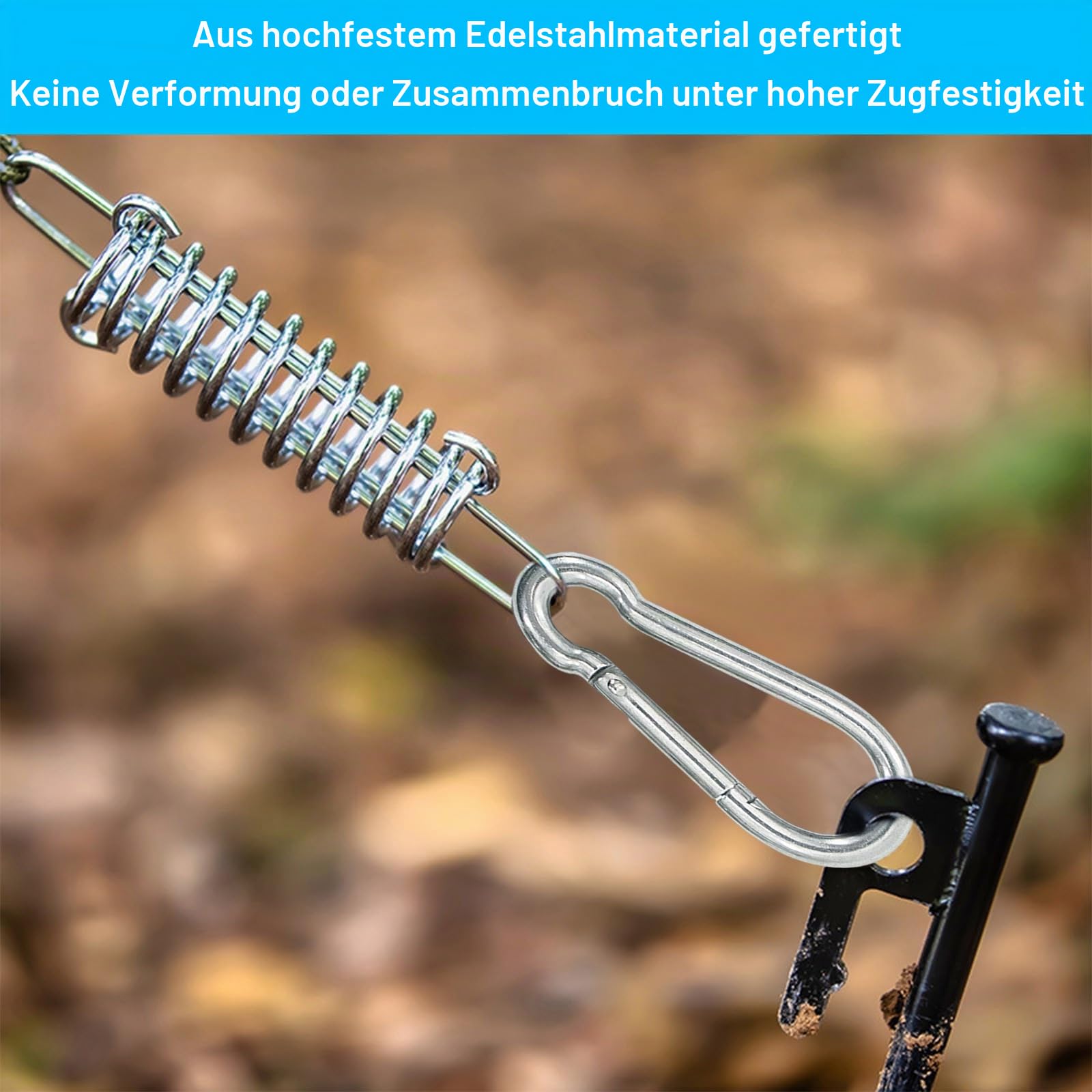 4 Stück Zugfeder Spannfeder Sonnensegel Befestigung Sprungfeder Stahlfeder Federschnalle mit 8 Stück Karabiner für Campingzelt Sonnensegel Markise