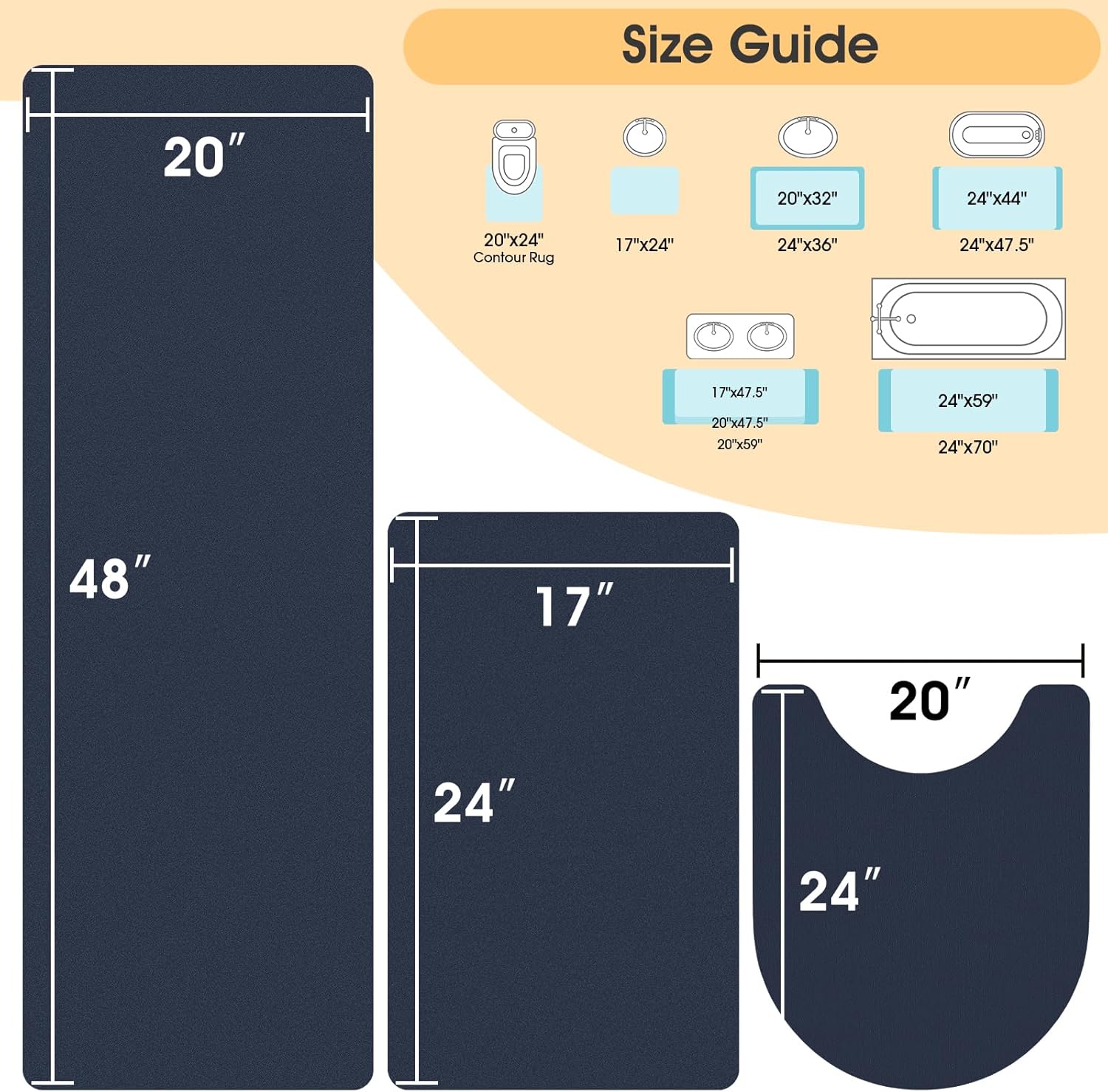 Ultra Thin Bath Mat, Upgrade Backing Non Slip Thin Bath Mats Fit Under Door, Quick Dry Ultra Absorbent Bathroom Rugs, Machine Washable Bath Rugs for Bathroom, Bathtub, Dark Blue/Solid/3 Piece - Image 2