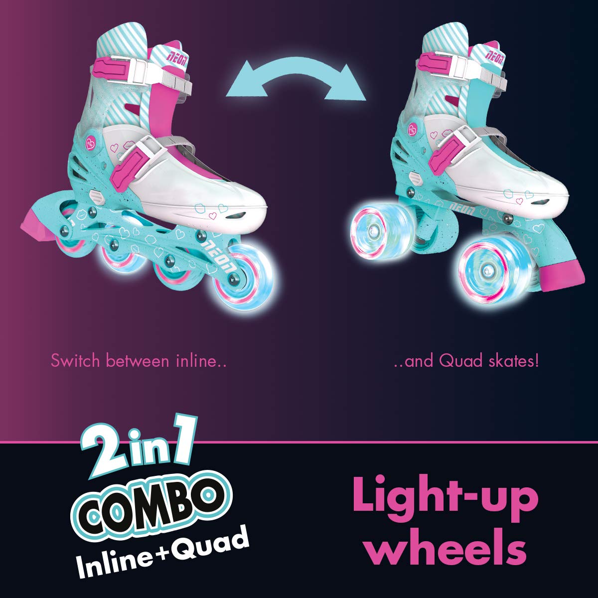 Yvolution Neon Combo Skates 21 Quad and Inline Skates for Kids with LED Wheels Adjustable