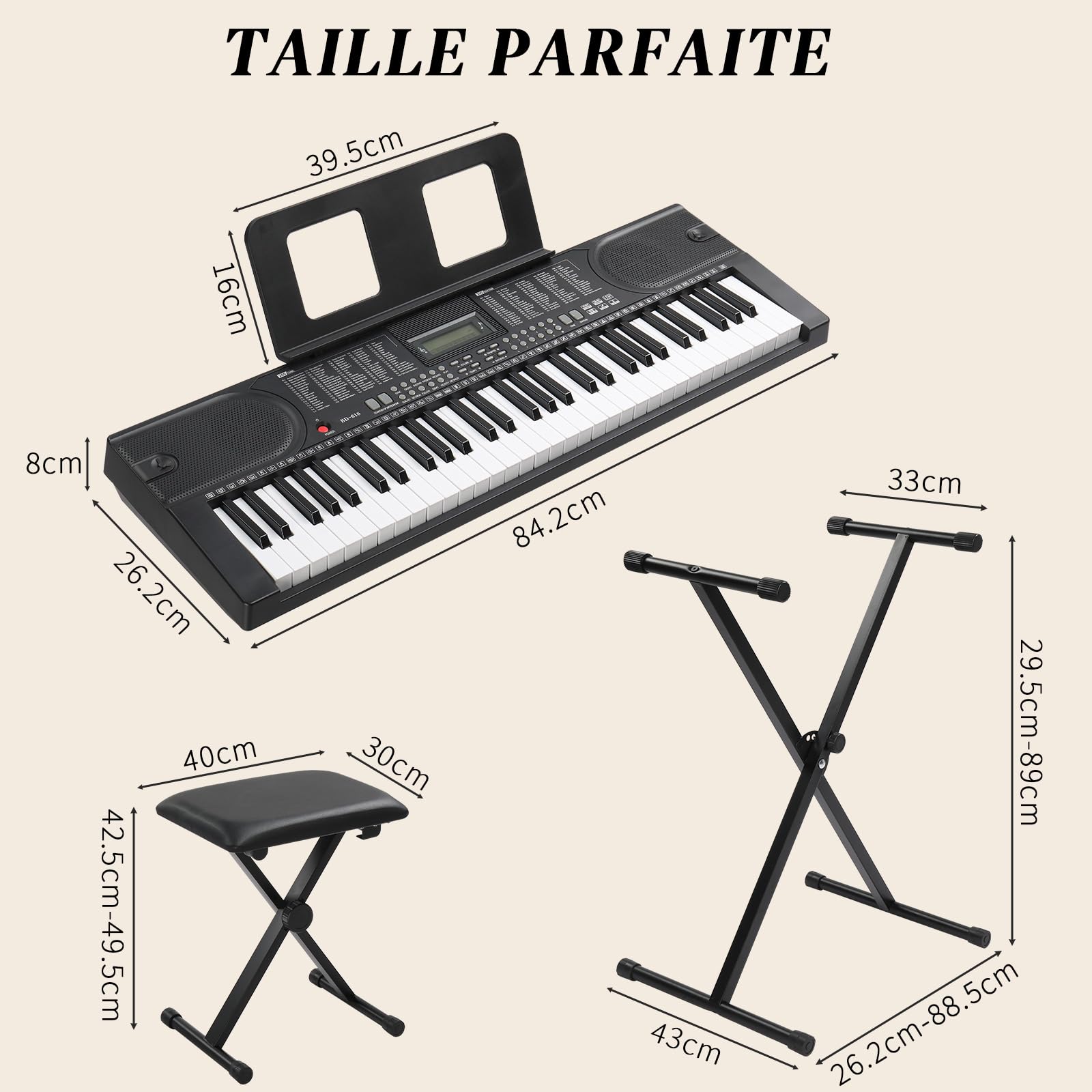 LEADZM Clavier Piano 61 Touches, Piano Numérique avec Touches Éclairées, LCD Écran, MIDI, Support X de Clavier Électrique, Banc de Piano, Pupitre, Casque, Microphone (Noir1)