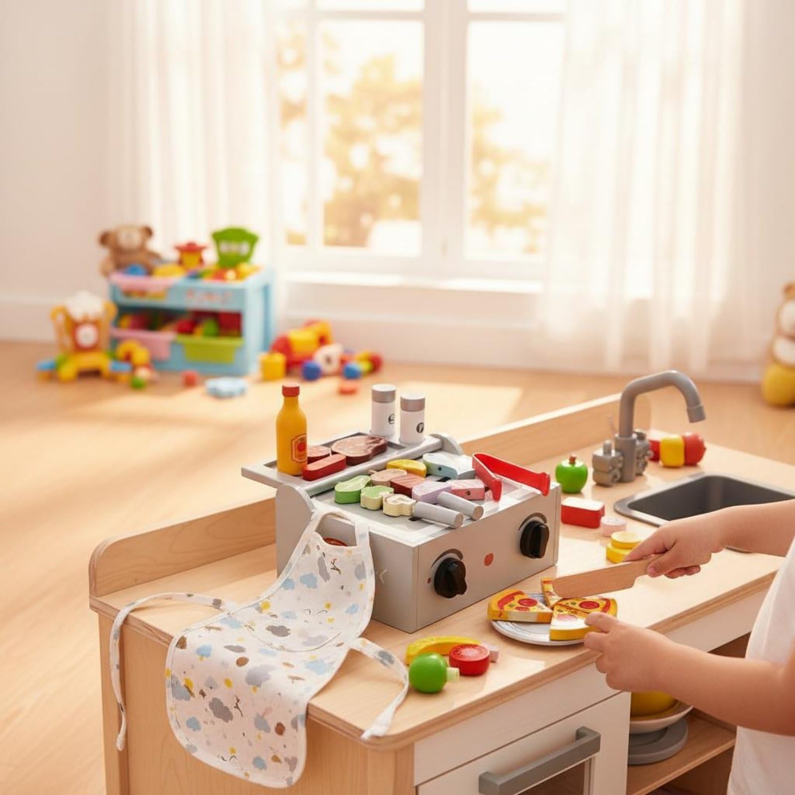 Kinder Spielofen Holz Grillofen Küche Rollenspiel Set Backofen Kochherd Lernspielzeug Förderung Organisieren Stabil Langlebig für Vorschule Kindergarten Zuhause Geschenk