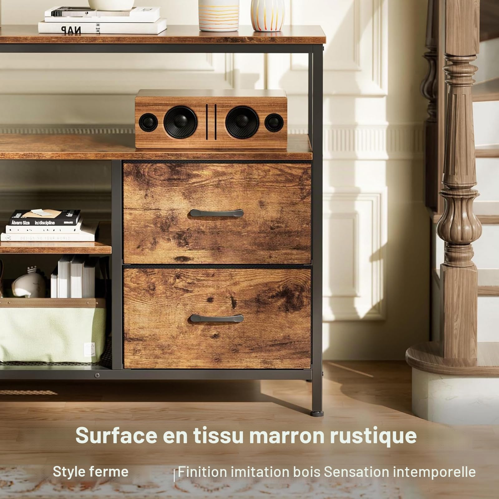 BRILVERDE Meuble TV LED 108cm avec 4 Tiroirs en Tissu PU, Banc TV Vintage, Meuble Télé avec Rangement, Buffet Multimédia pour Salon, Chambre (Rayures de Tigre, 108cm A)