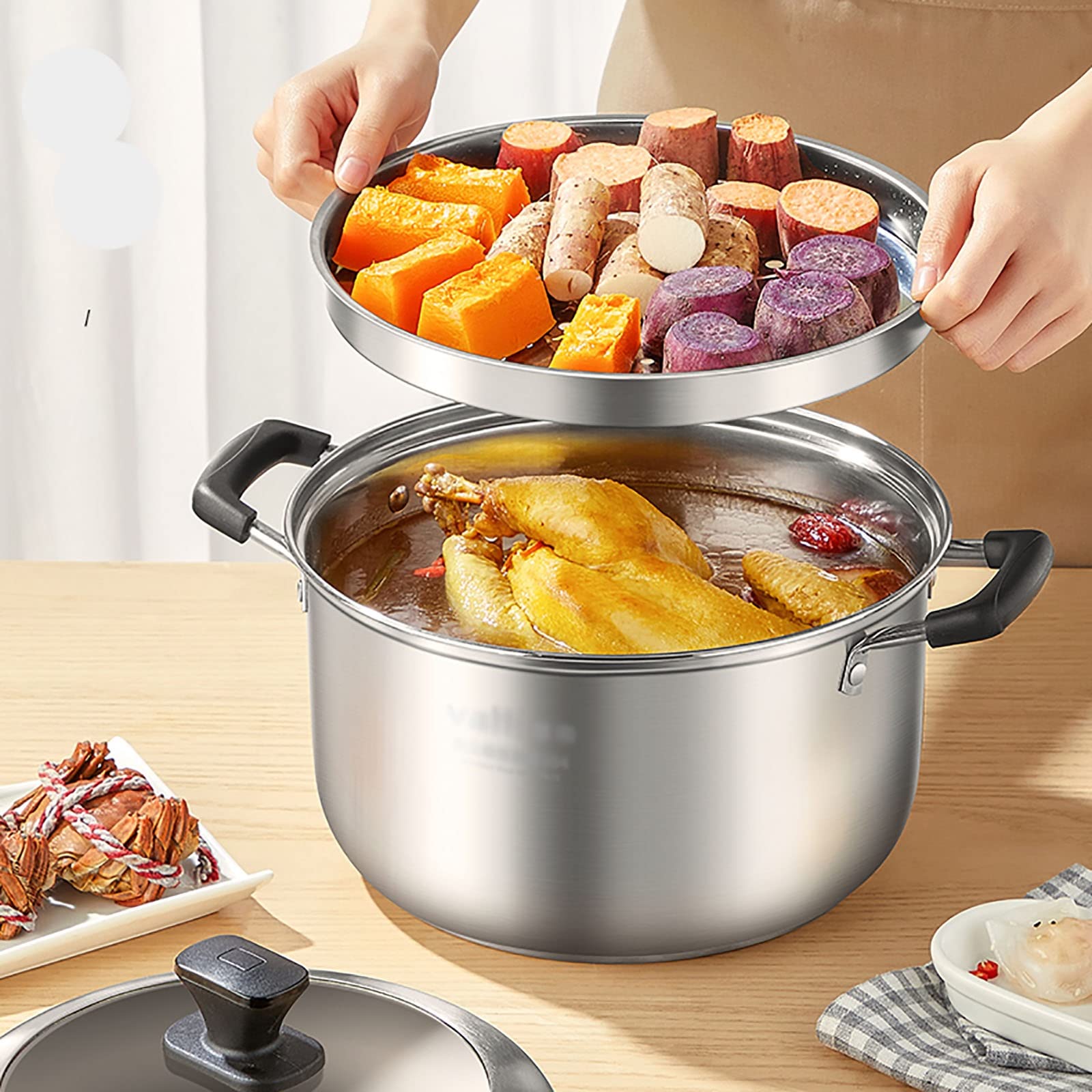 Dampfgarer/Suppentopf/Hot Pot/Lebensmittelkontakt-Edelstahl 304, 3-lagiger Verbundtopfboden, gedämpfte Krabben, Hühnersuppe, 24 cm