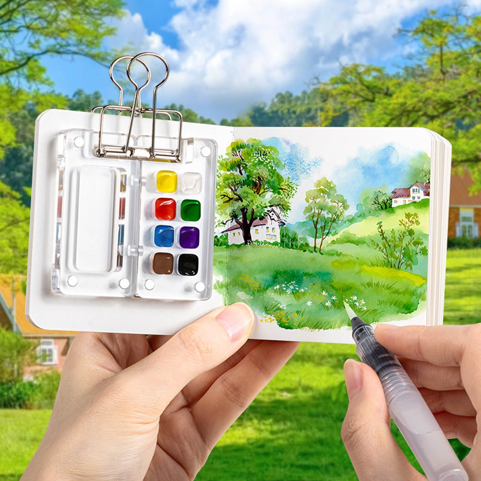 Mini Paint Set, Mini Watercolor Paint Set, Pocket Artist Watercolor Travel Set, Pocket Watercolor Set, Travel Watercolor Set, 2025 Wooden Grid Paint Palette With Clip, Drawing Paper(15 Grid Set - View #4