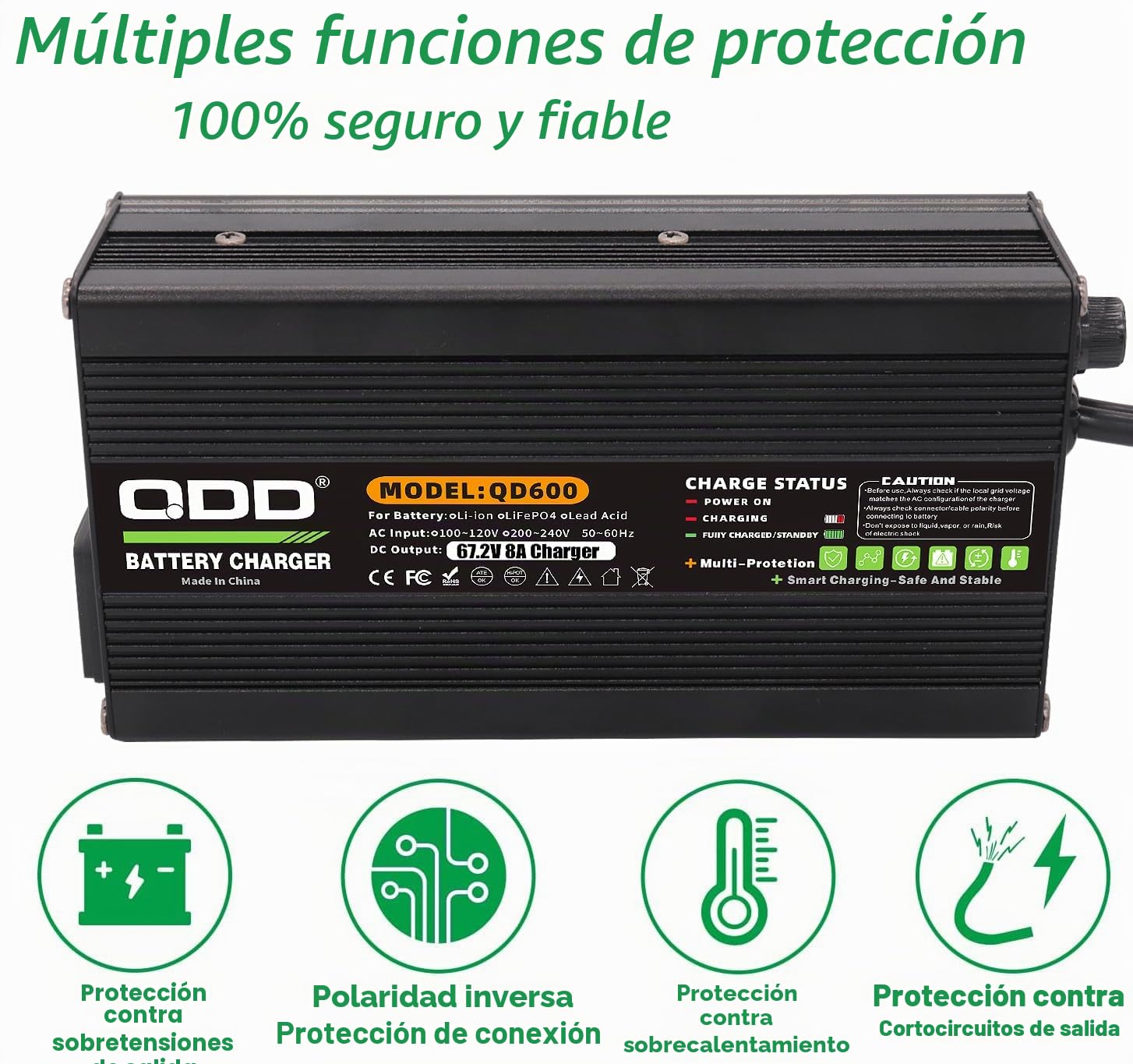 QDD Cargador inteligente de batería de iones de litio de 67,2 V, 8 A, completo con ventilador, utilizado para batería de iones de litio 16S 60 V, cargador de 60 V