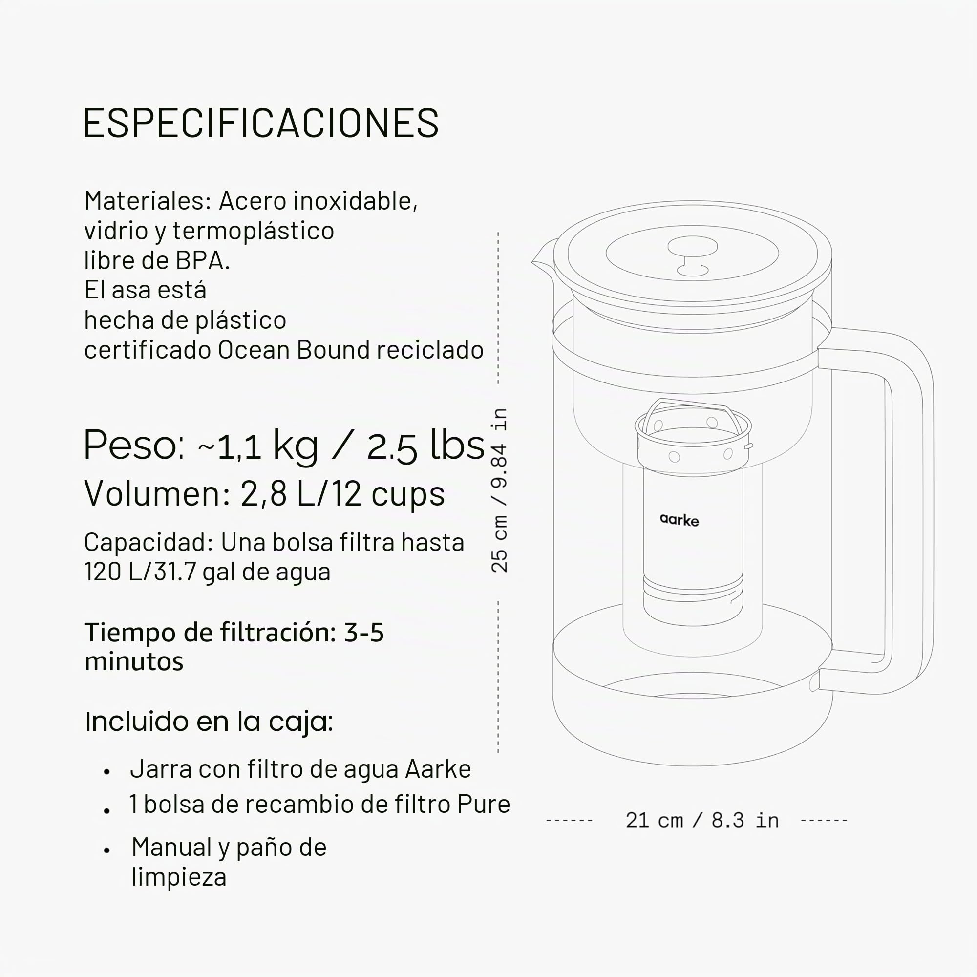Aarke Purifier Large, jarra filtrante de agua en vidrio y acero inoxidable, 1,7 L / 7 tazas, incluye bolsa de recarga de filtro Pure Aarke