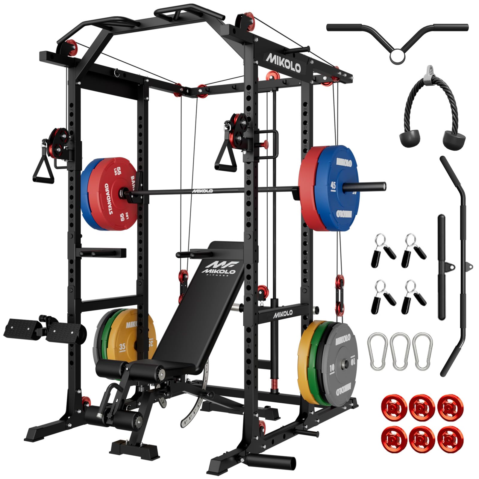 Mikolo K6 2.0 Power Cage, Power Rack with Cable Crossover System, 2000LBS Squat Rack with LAT Pull Down System, Functional Trainer with Aluminum Pulley System for Home Gym