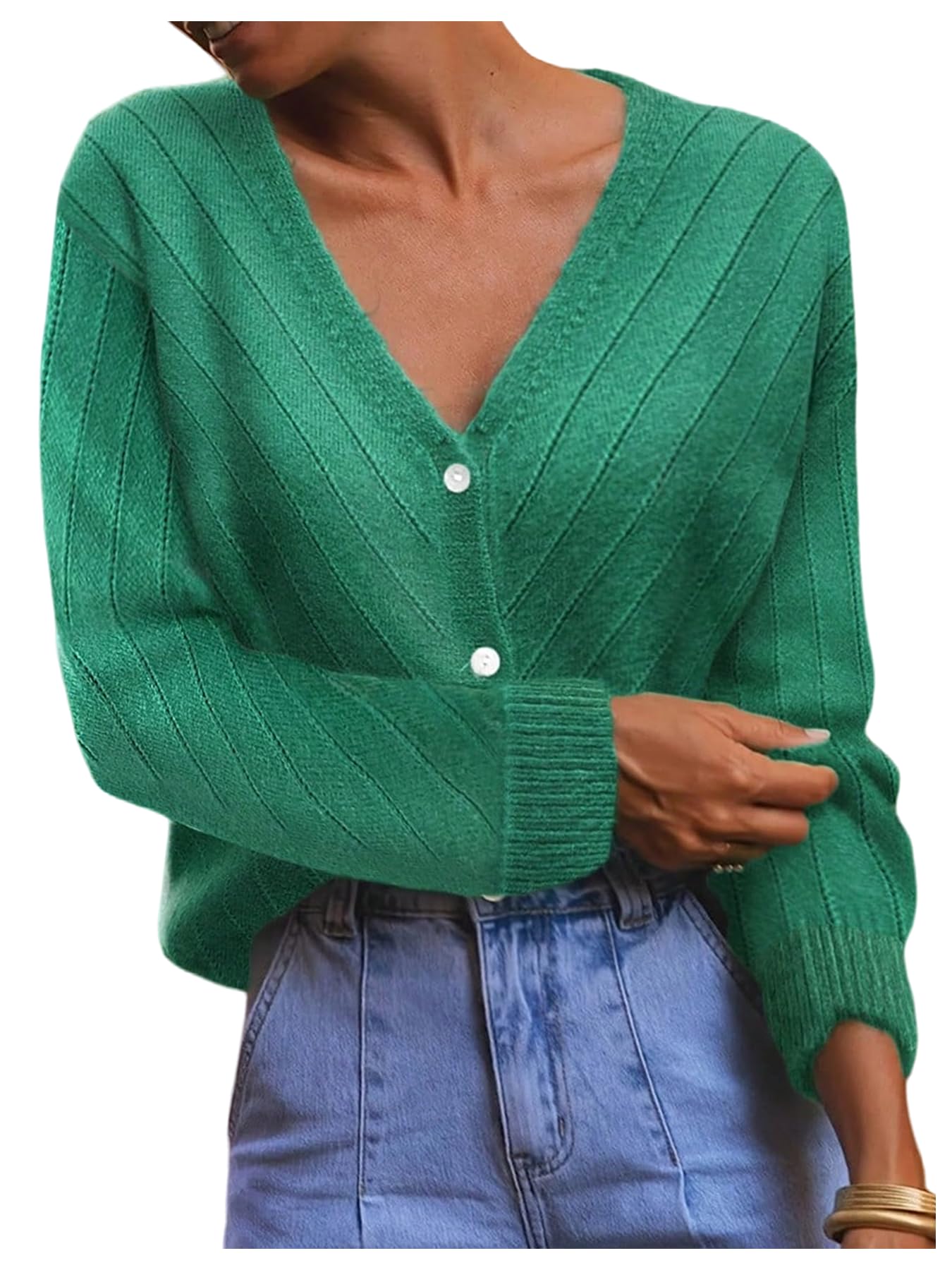 Womens Vintage Hollow Out Cardigans Button Down V Neck Long Sleeve Oversize Knitted Sweaters