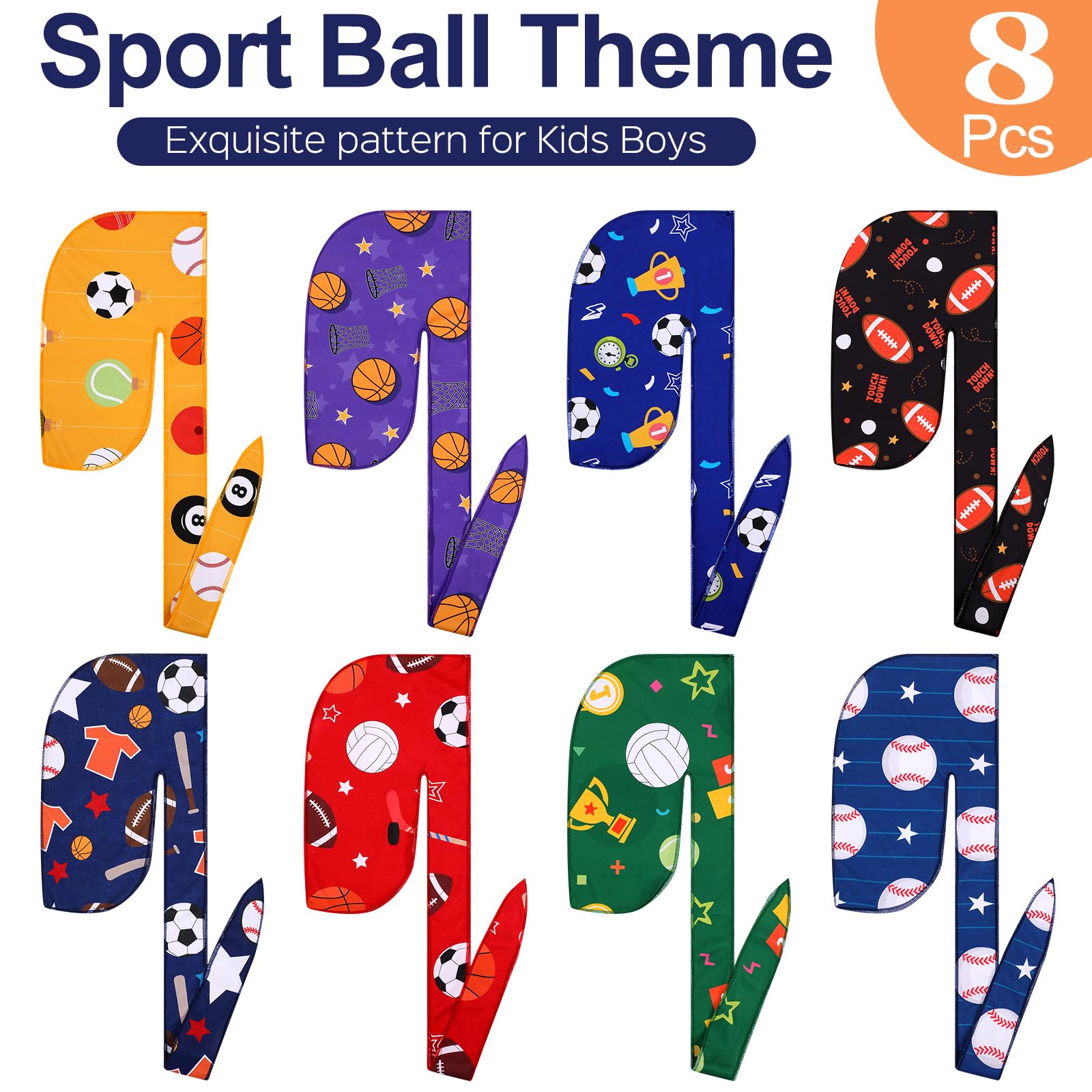 Leumoi 8 Stück seidige Durags für Jungen, Sportball-Thema, langer Schwanz, Satin-Headwrap für Babys, Kleinkinder, Kinder, Nicht spezifisch angegeben, 1 Count (Pack of 8)