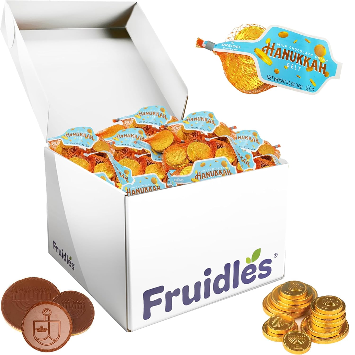 The Dreidel Company Original 40-Mesh Bags Chocolate Gelt Gold with Menorah and Dreidel Design Coins, Made with Premium Belgian Milk Chocolate, Gluten Free, Non-Gmo, Kosher Certified (40 Mesh Bags)