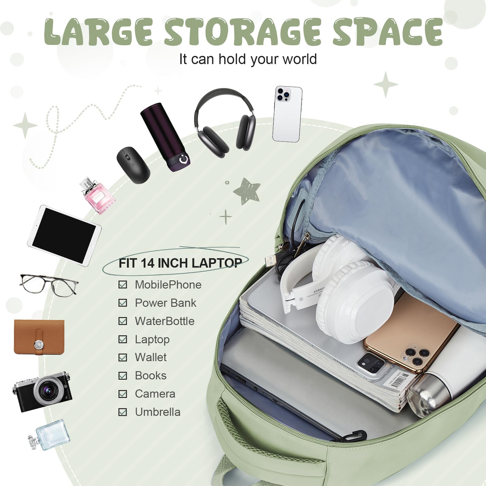 HYC00 Zaino Scuola Superiore Media ragazza Zaini Scolastici zainetto Casual Daypack Backpack Unisex Zaino Università Donna Per PC Portatile 14 Pollici Laptop Bag per Viaggio Lavoro Scuola Affari