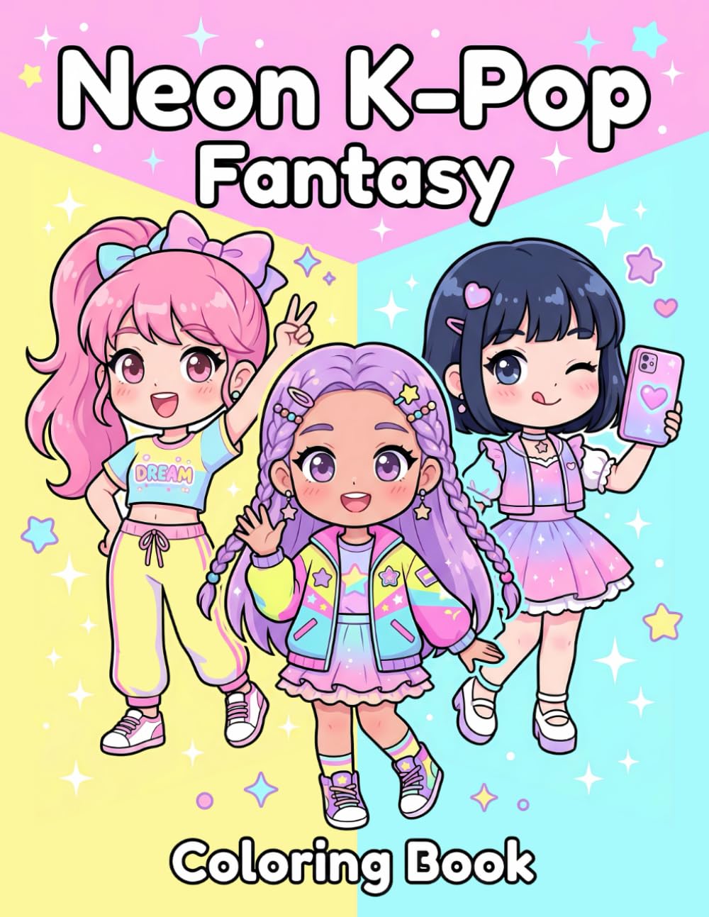 Neon K-Pop Fantasy Coloring Book: High-Energy Idols, Futuristic Stages & Stylish Line Art for Young Adults