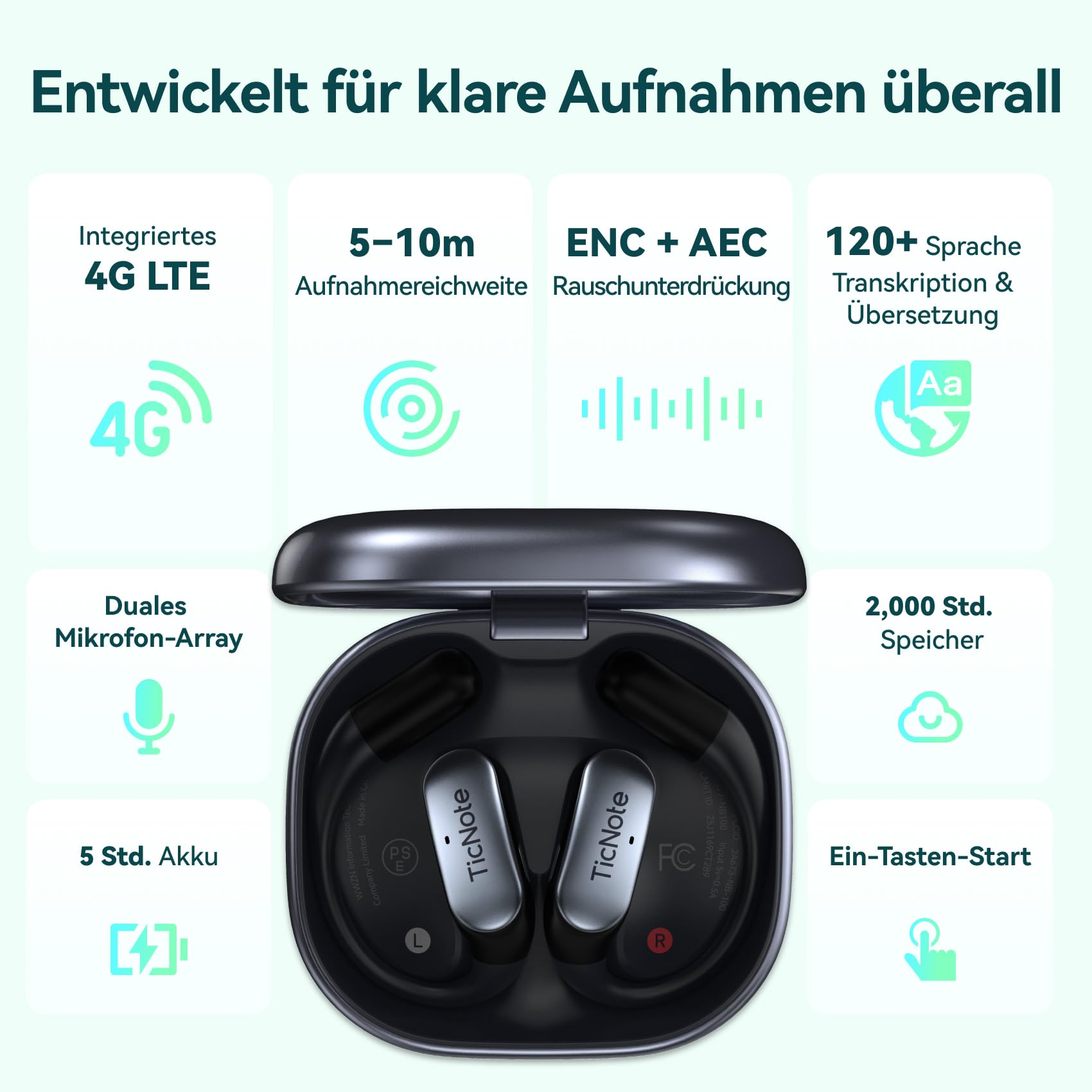 Mobvoi TicNote Pods Wearable KI-Sprachrekorder, 4G integriert – Aufnahme & Cloud-Sync ohne Smartphone, Sprachaktiviertes Aufnahmegerät, Transkription & Meeting-Notizen, über 120 Sprachen, 5h Akku