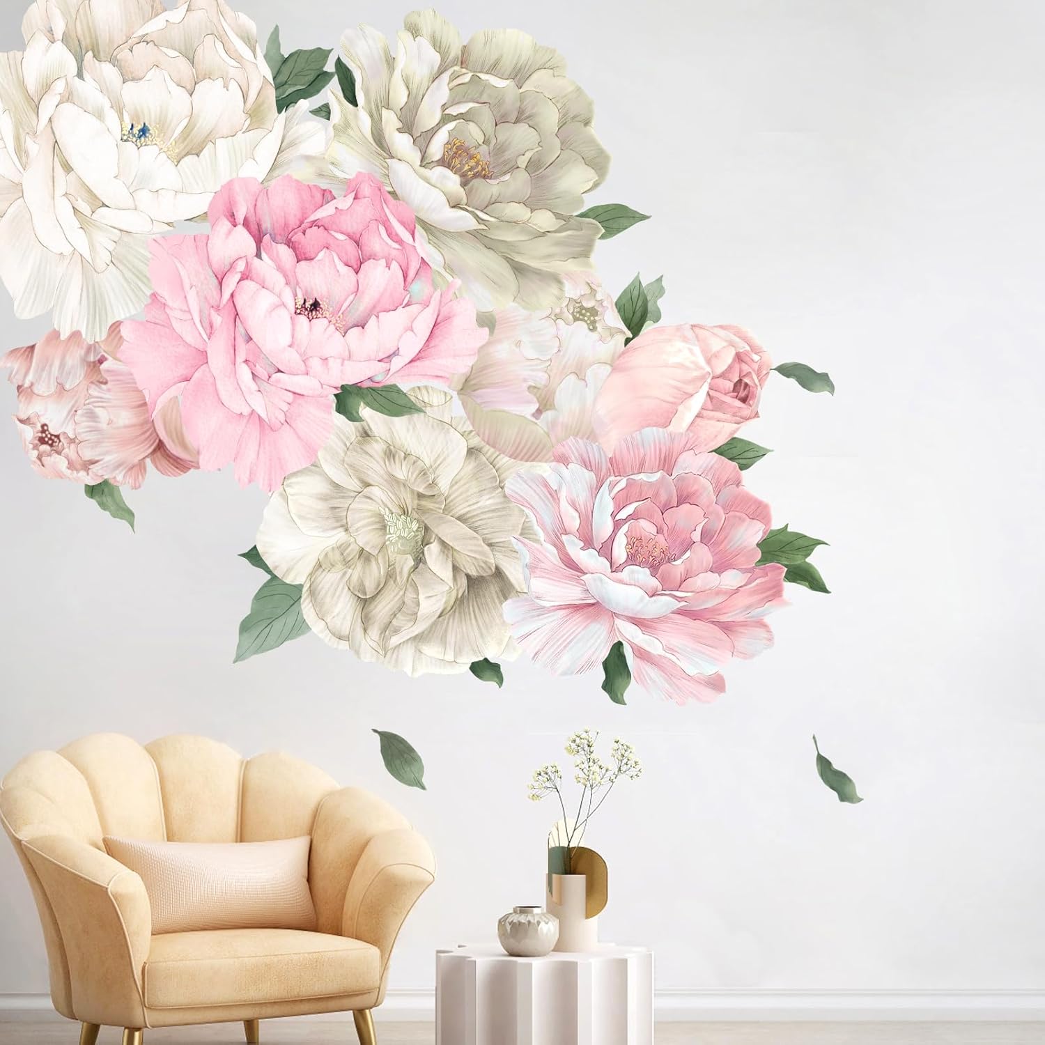 Large Pink and White Peony Floral Wall Decals Peel and Stick Vinyl Peony Flower Wall Stickers Decor for Living Room Bedroom Nursery Kids Girls Room Bathroom