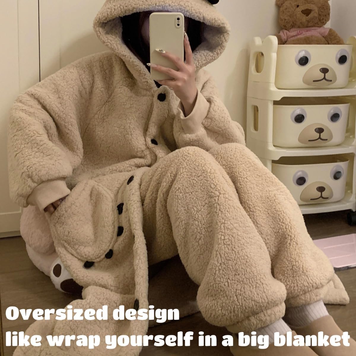 Plush Hooded Bear Cloak Pajamas for Women Winter,Fuzzy Sleep Robe Warm Cozy Fleece Lined Loungewear Christmas