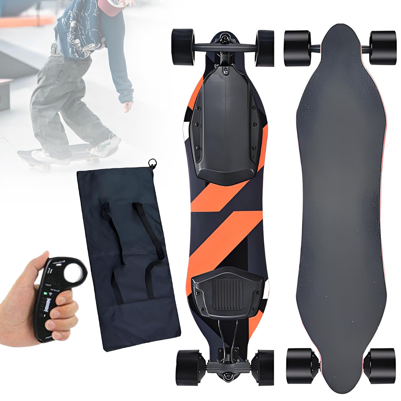 Skateboard électrique Tout Terrain avec télécommande, Skateboard électrique Tout-Terrain, Vitesse maximale de 40 km/h, autonomie de 40 à 50 km, pour Les Nouveaux utilisateurs. Orange