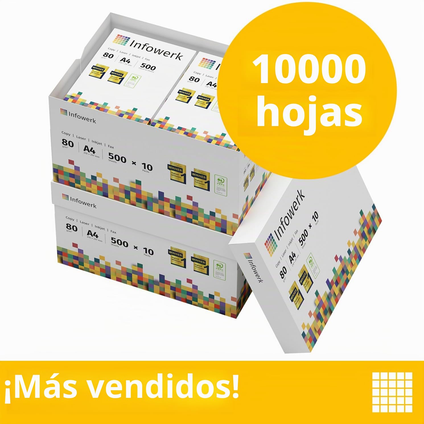 Papel multiusos para impresora, Folios A4, 80g, 10.000 Hojas, 20 Paquetes de 500, Color blanco, PEFC