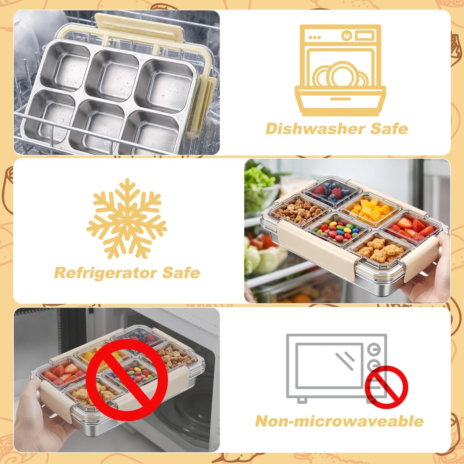Palksky Snack Box Stainless Steel 6 Compartment, Reusable Snack Containers with Lids, Portion Control Snack Boxes for Adults, Ideal for Office Desk, Travel, Picnic & Fitness, 2 Packs
