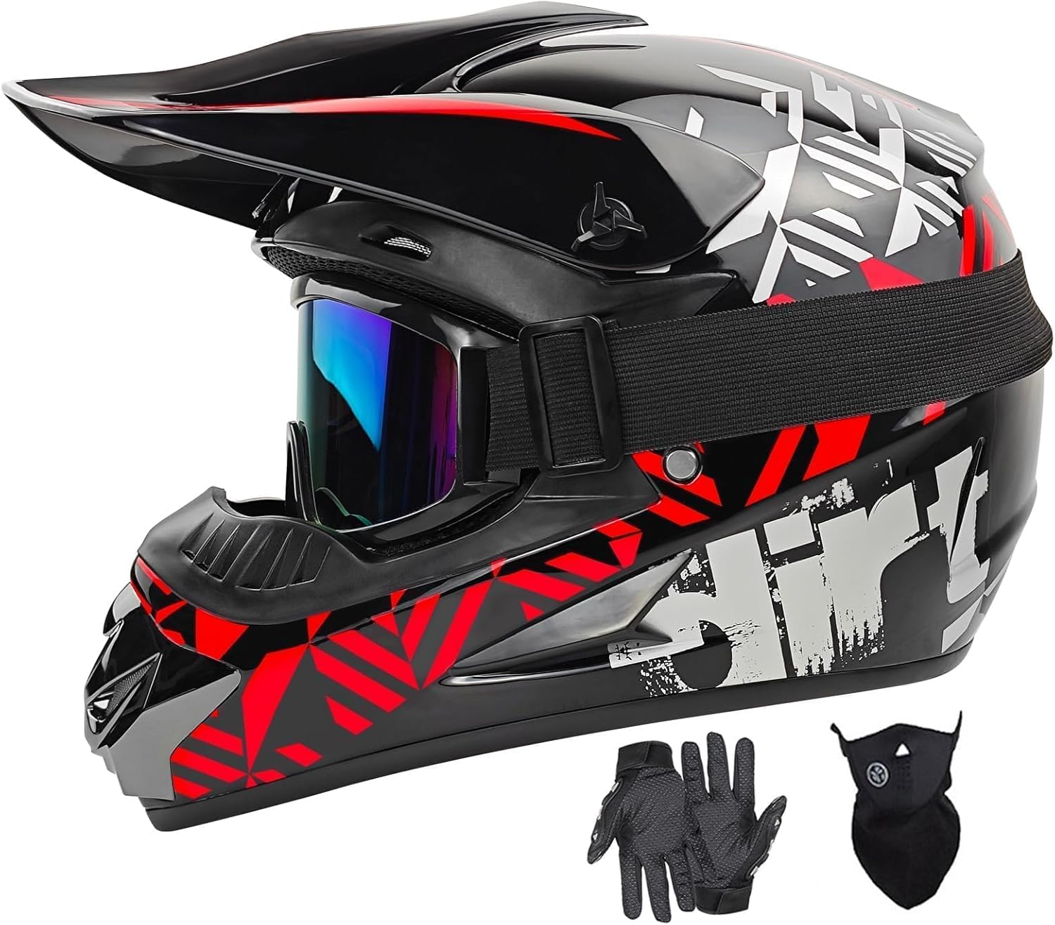 SPARK DOT Adult Motocross Helmet Youth Kids Dirt Bike Helmet with Goggles Gloves Mask, ATV Helmet Full Face Motorcycle Helmet for Men Women, Off-Road Mountain Bike Helmets Large Red