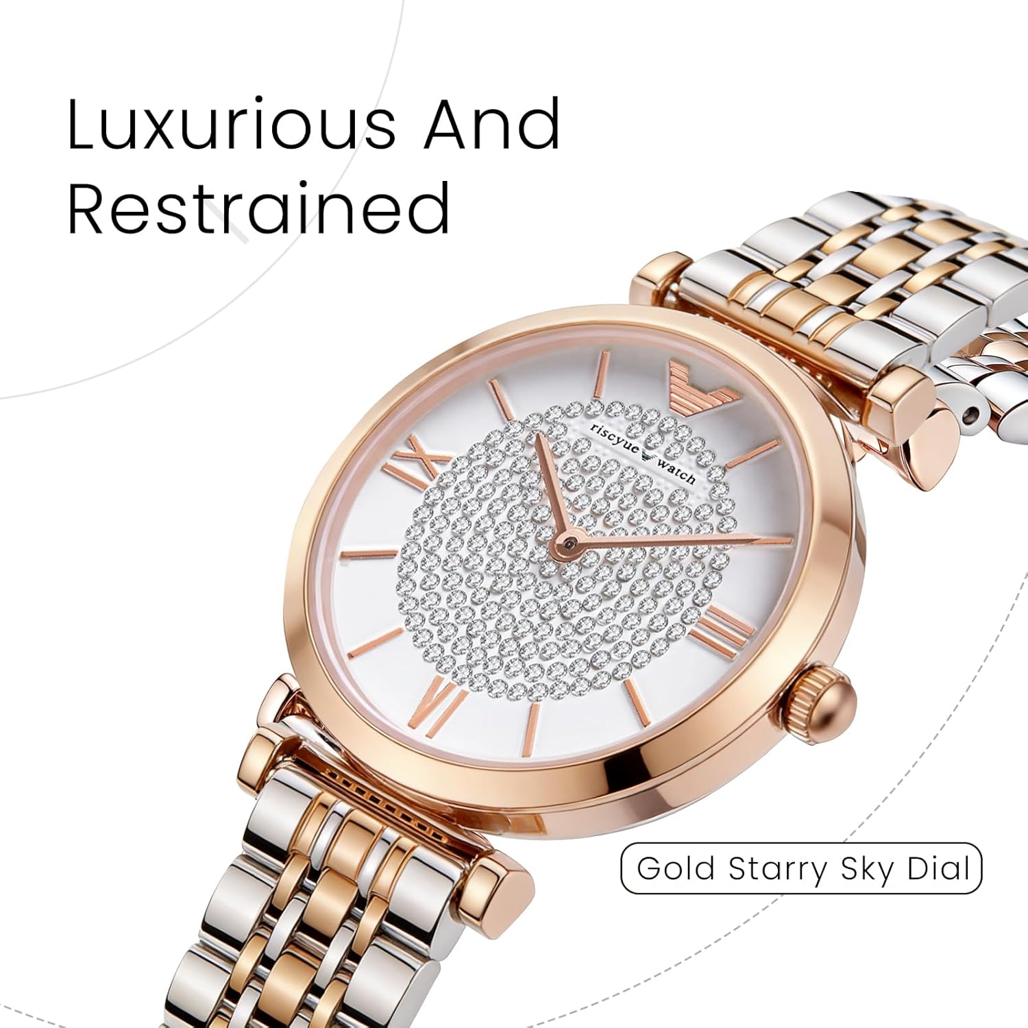 LEO RING Women's Luxury Crystal Diamond Watch - Big Face Round Dial with Roman Numerals, Two-Tone Stainless Steel Bracelet, Elegant Dress Quartz Wristwatch for Women - Image 2