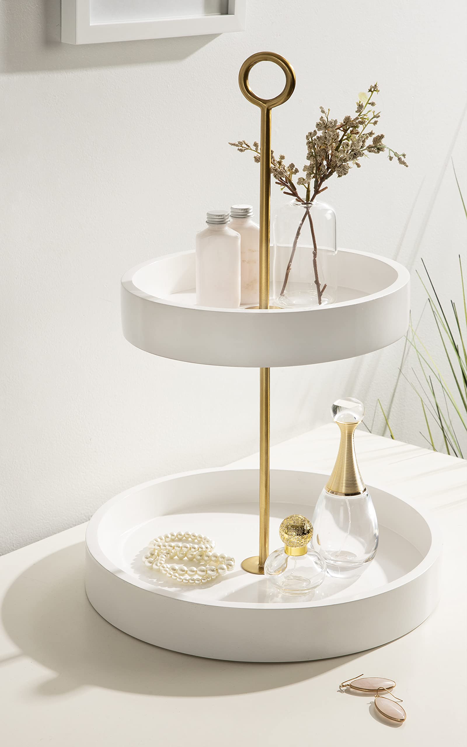 Kate and Laurel Lipton Modern Two Tier Tray, 13 x 13 x 20, White and Gold, Glam Decorative Tray