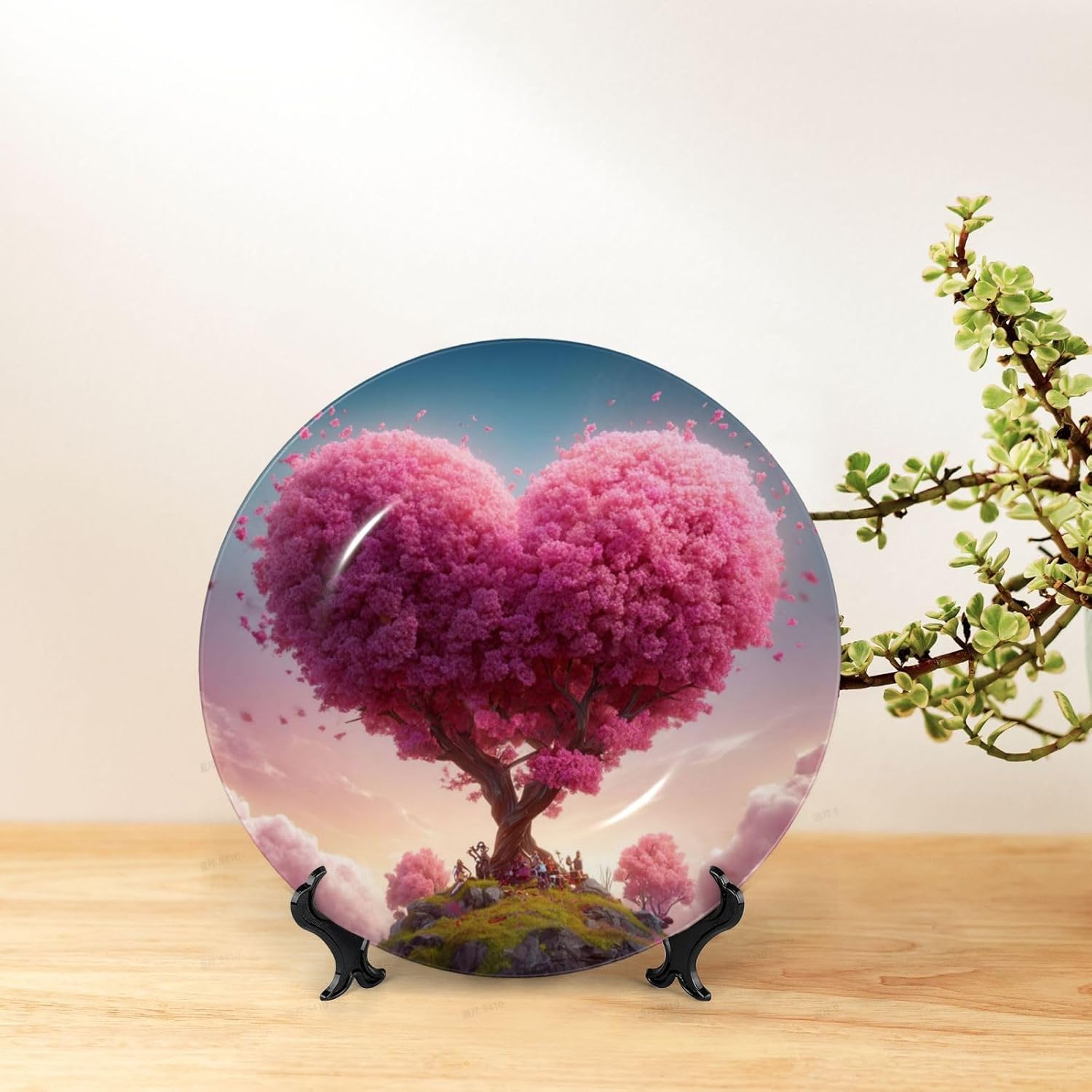 Decorative Plate 10in Bone China Dessert Plates with Display Stand Ceramic Ornament Ceramic Colorful Heart Tree Decorative Plates Art Crafts Porcelain Plate for Home Club Living Room