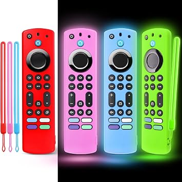 4 Pack Onebom Silicone Protective Remote Cover Compatible with TV, HD, 3rd Gen, 4K Remote Controls, Anti-Slip Remote Control Case with LanyardGlow Green&Blue&Pink&Dark Red