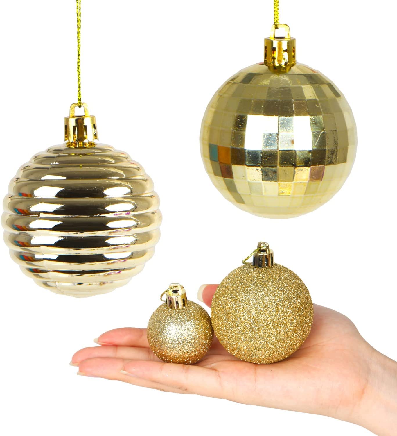 VEYLIN Christmas Tree Decorations Set of 40 Gold Christmas Baubles Hanging Ball Tinsel Garland Star Tree Topper Ornaments - Image 3