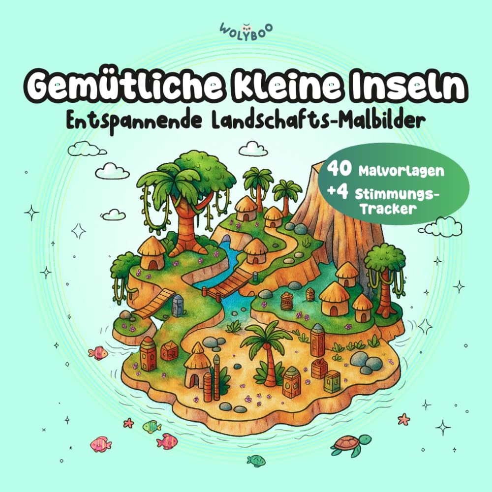Gemütliche kleine Inseln: Entspannendes Landschafts-Ausmalbuch für Erwachsene: Stressabbau mit 40 süßen Szenen, Maltherapie + 4 Stimmungs-Tracker