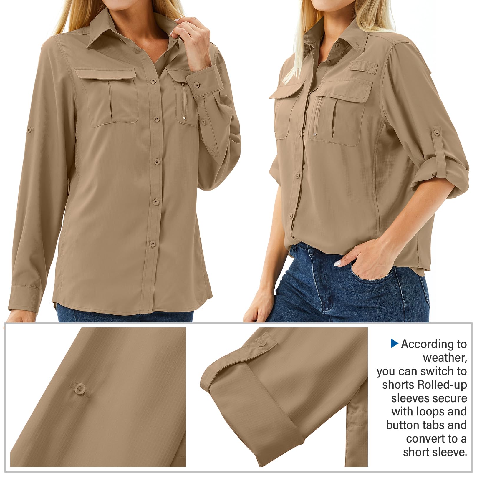 Toumett LSF 50 Damen-Safari-Shirt, langärmelig, UV-Schutz, schnell trocknend, Angeln, Wandern, Reisen