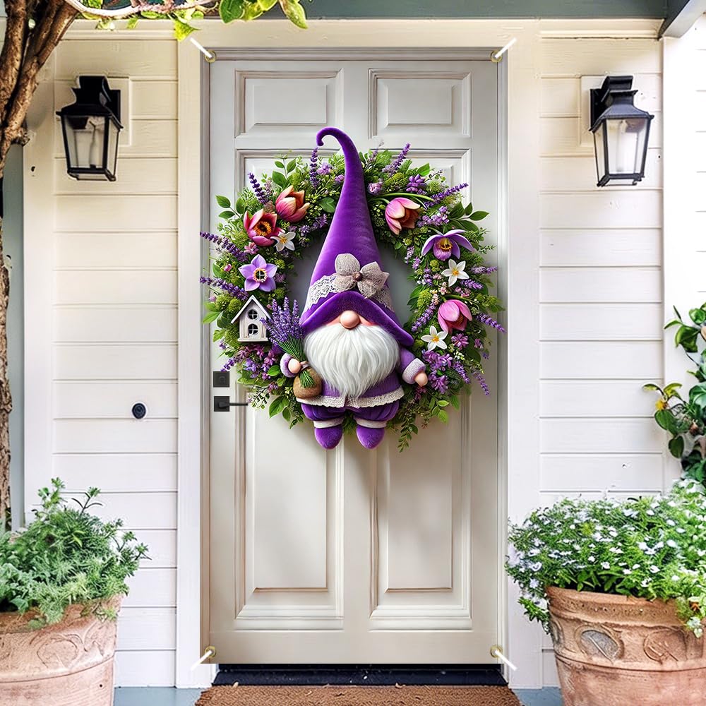 Purple Spring Gnome Door Cover 35x71in Lavender Floral