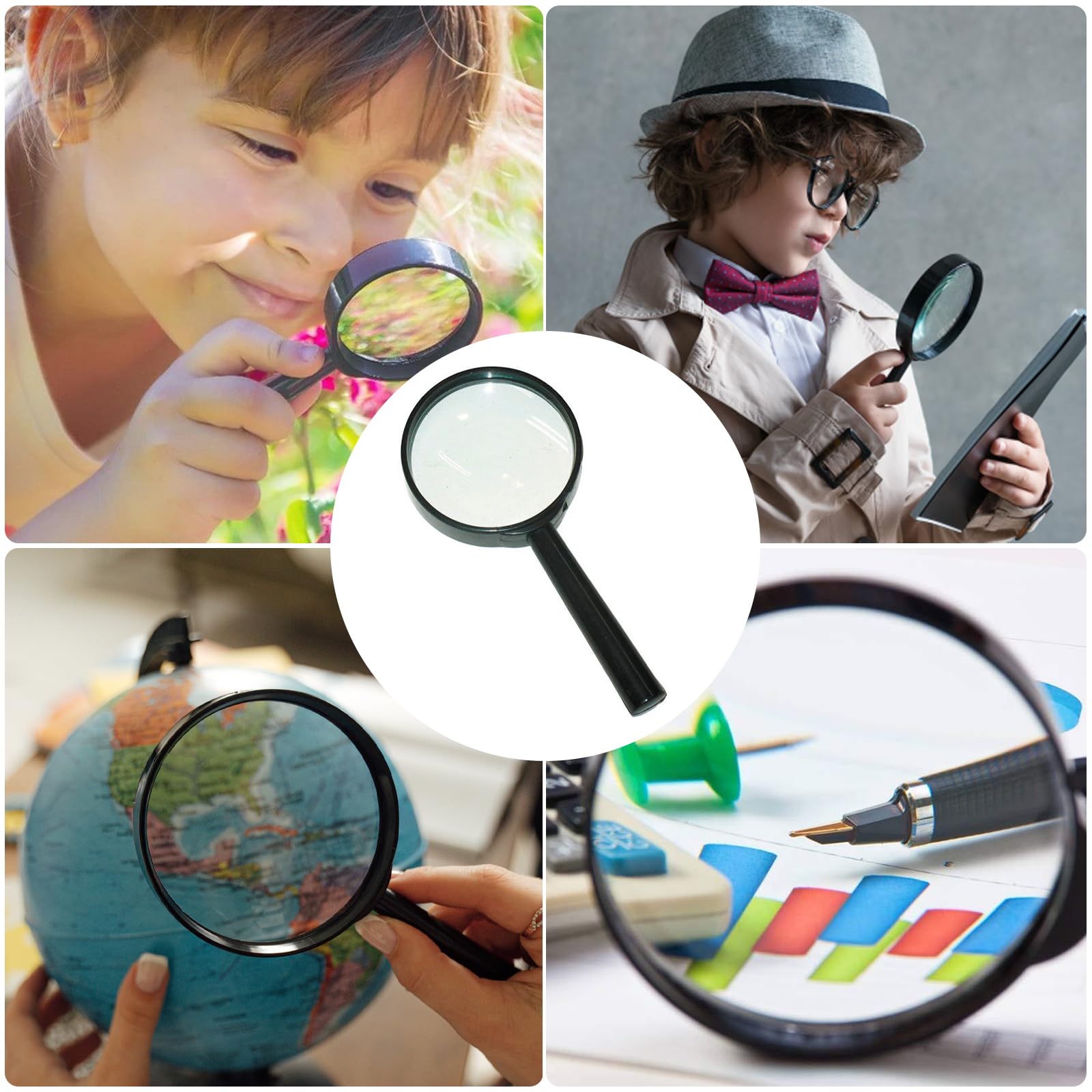 4 lenti di ingrandimento per bambini, per ricercatori, lenti di ingrandimento per bambini, per detective spia, agente segreto, agente segreto, set di ricercatori (nero)