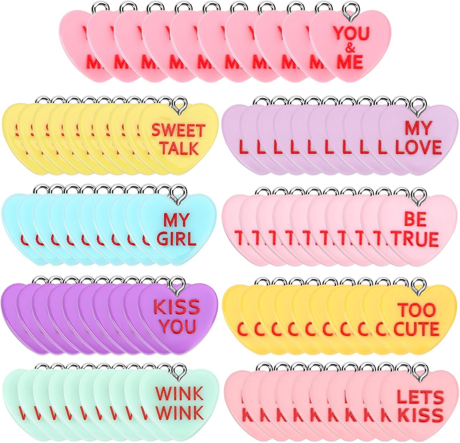 90 Pcs Valentines Heart Charms, Conversation Candy Flat Resin Pendants for Valentine's Day Jewelry Making Beads DIY Crafts Bracelets Necklace