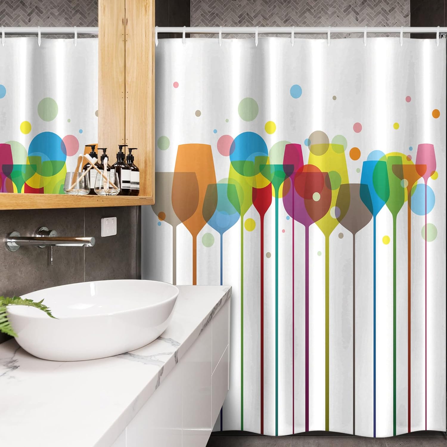 Ambesonne Winery Stall Shower Curtain, Colorful Wine Glasses Alcohol Drink Beverage Fizzy Champaigne Party Bar Art Design, Fabric Bathroom Decor Set with Hooks, 54" W x 78" L, Multicolor White