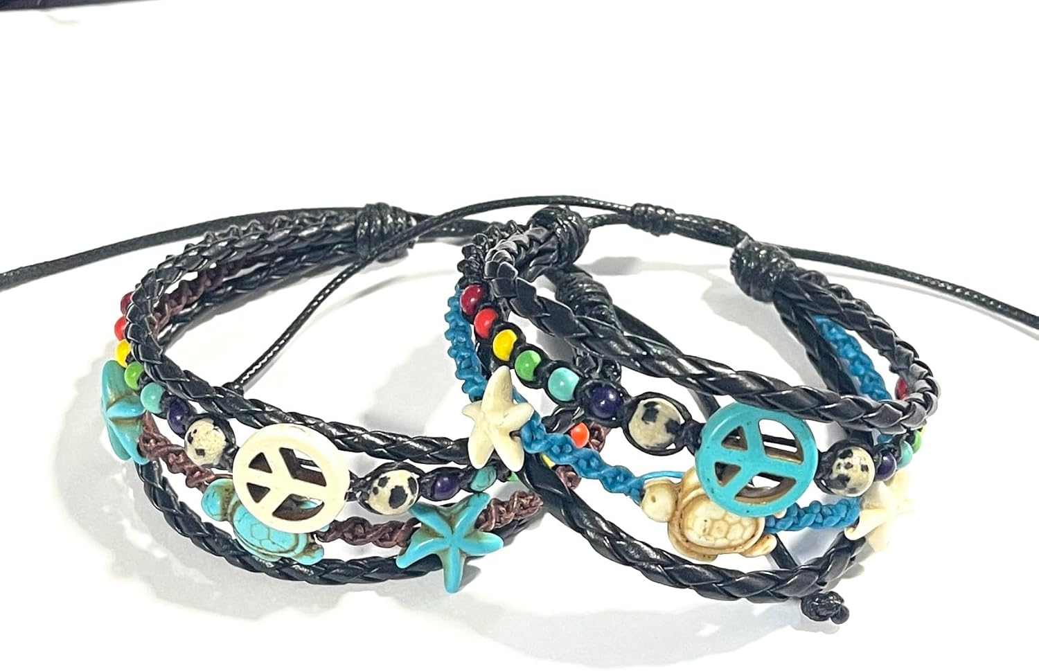 2Pcs Sea Turtle and Star Beads Bracelet - Peace Sign Hemp Bracelet-Raibbow Beads Bracelet Friendship Gifts for Women Men Girls Adjustable Cord - Image 2
