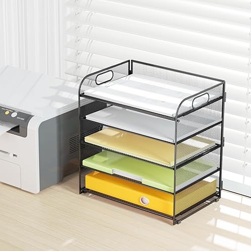 Miniatura 5 de VIEERINN Organizador de bandeja de papel de 5 niveles con asas, organizador de archivos de escritorio de malla, soporte clasificador de papel de