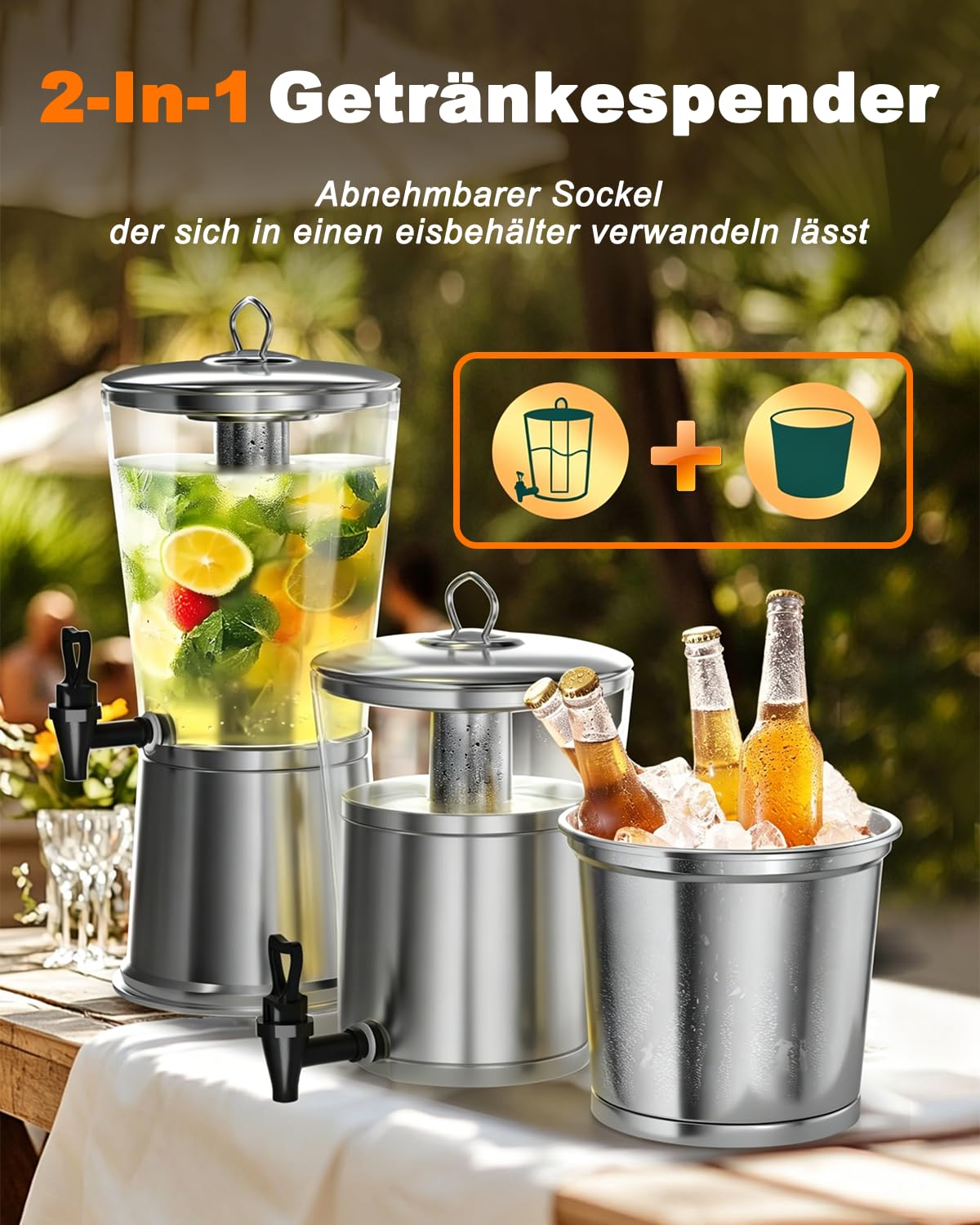 Biertower 8,0 Liter, Biersäule mit Zapfhahn und Ständer, Getränkespender mit Kühlung, für Limonade, Saft, Wasser, Getränke - Robuste Zapfsäule für Party, Grillen & Events Transparent/Silber